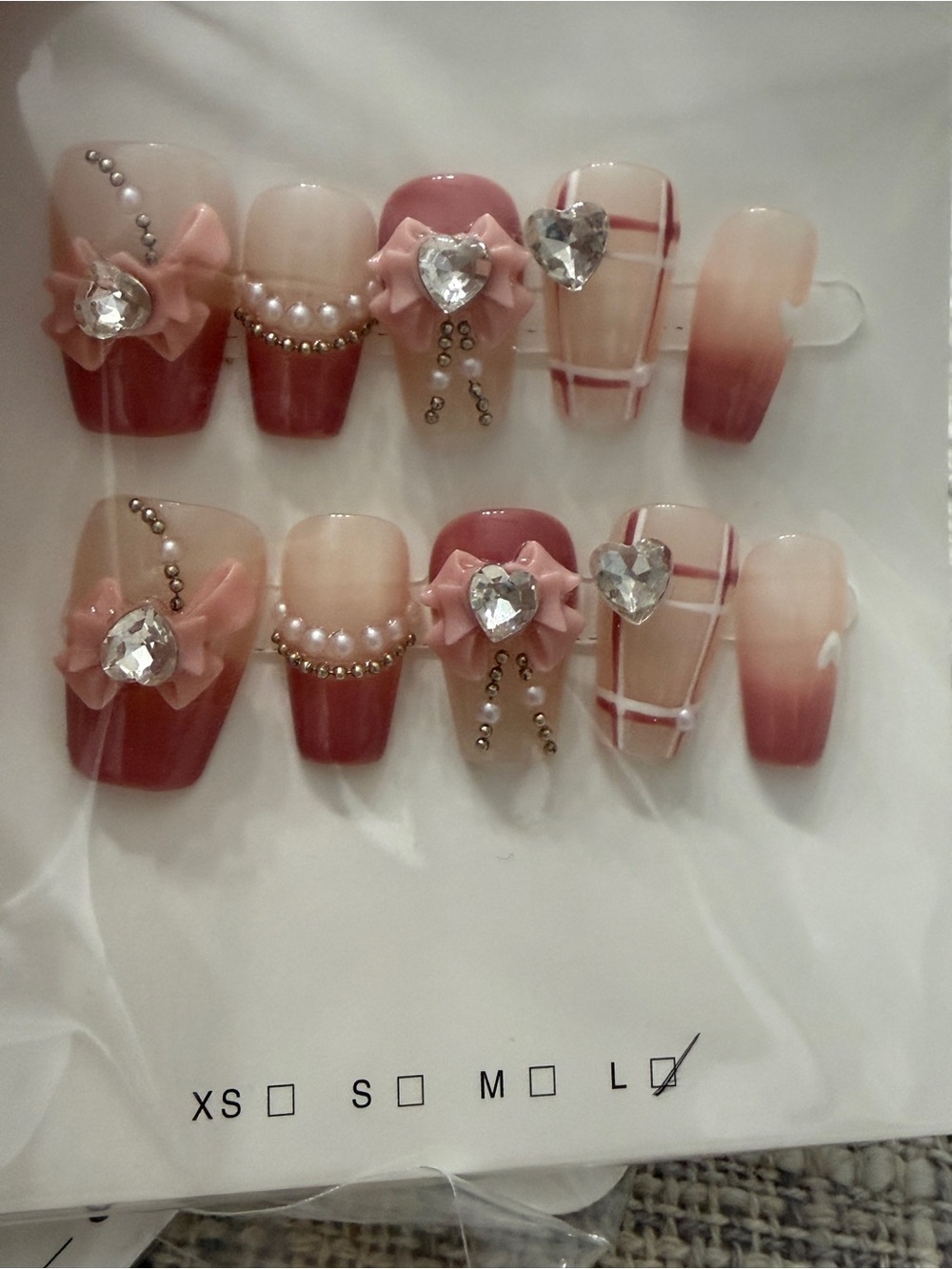 Embellished Ombre Pink Press-On Nail Set with Hearts & Pearls